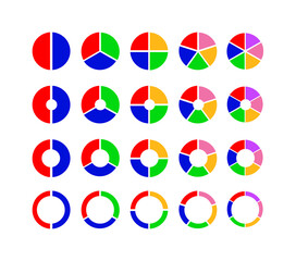 Pie chart set of 20 colourful flat circular diagrams, consisting of 2, 3, 4, 5 and 6 sections or steps respectively, isolated on a white background.