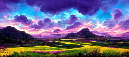 Fototapeta na wymiar Watercolor purple clouds and beautiful imaginative French lavender rows landscape - rural countryside farms and agriculture fields - vast panoramic vista and outdoor nature art background.