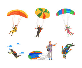 Paratroopers or Parachutist Free-falling and Descenting with Parachutes Vector Set - obrazy, fototapety, plakaty