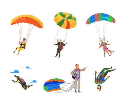Paratroopers or Parachutist Free-falling and Descenting with Parachutes Vector Set