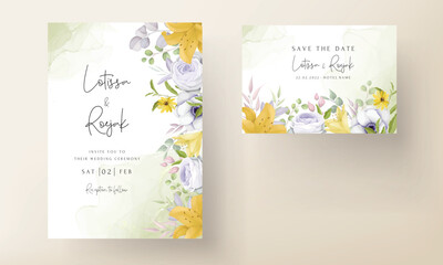 Fototapeta na wymiar beautiful yellow and gray purple flower wedding invitation card