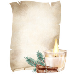 watercolor composition with candle hand drawing, holiday background