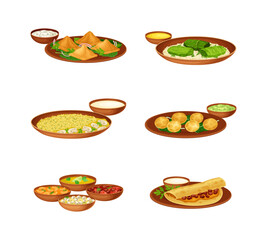 Dishes and Main Courses of Indian Cuisine Served on Plates and Garnished with Herbs Vector Set