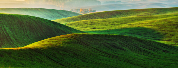 Panoramic landscape with beautiful green hills. Abstract landscape. Nature of Ukraine
