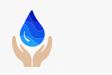 blue water drop, 3D illustration, grunge paper cut over hand ,world water day, hand sanitizer and hygiene, CSR, save water, clean renewable energy, drop of life mental health  concept