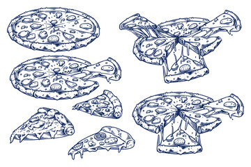 food engraving hand drawing set of four pizza isolated on white background.