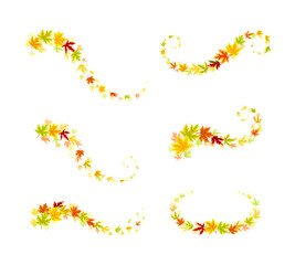 Maple Palmate Leaves of Bright Autumn Colour Arranged in Decorative Swirling Line Vector Set
