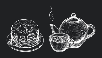 tea with lemon vector sketch. pancakes with butter vector freehand drawing. pancakes with butter on black menu background with chalk vector
