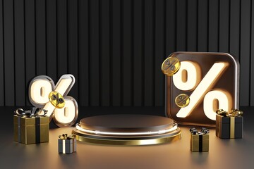 Various black and gold podium platforms with dark stuff for Black Friday product stand presentation in 3D rendering