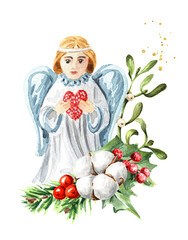Christmas Angel with Winter festive decor.  Hand  drawn watercolor illustration isolated on white background