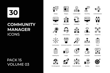 Community Manager icons collection. Set contains such Icons briefcase, Budget Estimate, calendar, collaboration, and more