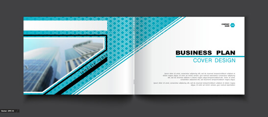 Naklejka premium Business brochure cover design blue and white, A4. Hi tech info banner. Title sheet model, set template and postcards. Business card layout.Hexagons textures, text.Quotes, modern vector front page art