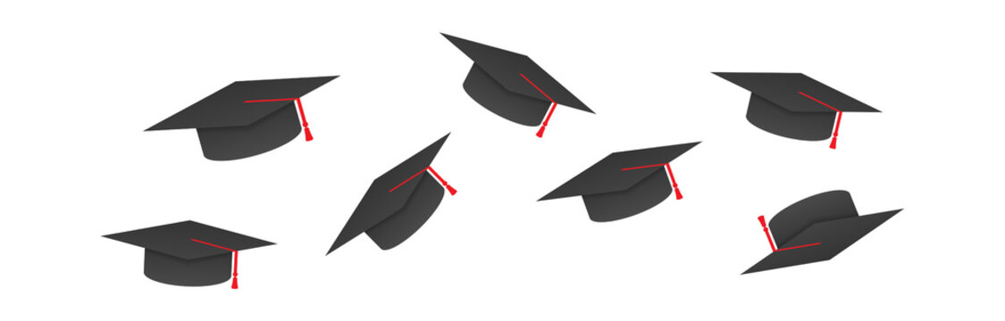 Graduation. Graduate caps on a white background. Caps thrown up. Vector stock illustration.