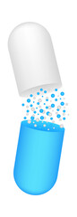 Capsule pill. Small balls pouring from an open medical capsule. Vector stock illustration.