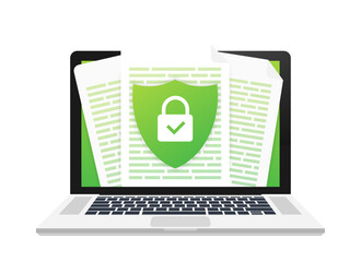 Document protection concept, confidential information and privacy. Secure data with paper doc roll and guard shield. Vector illustration.