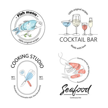 A set of emblems with an image of glasses of wine, seafood, kitchen utensils.