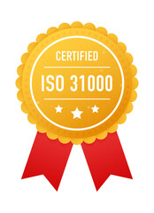 ISO 31000 certified golden label on white background. Vector stock illustration.
