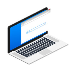 Simple browser window on laptop on blue background. Browser search. Web browser in flat style. Vector stock illustration.