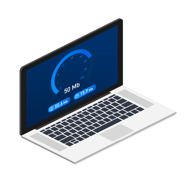 Speed test on laptop. Speedometer Internet Speed 100 mb. Website speed loading time. Vector stock illustration.