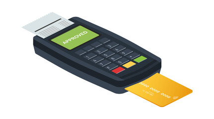 Isometric POS terminal confirms the payment by debit credit card. Vector stock illustration