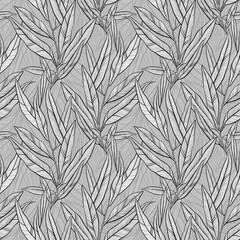 Hand drawn abstract ornamental line art leaves engraving seamless pattern. Endless psychedelic rapport for packaging, textiles, decoupage, wall-art