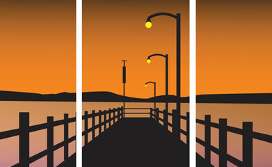 set of natural scenery posters at dusk with wooden pier and yellow lights flashing