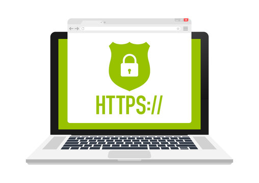 http and https protocols on shield on laptop, on white background. Vector stock illustration