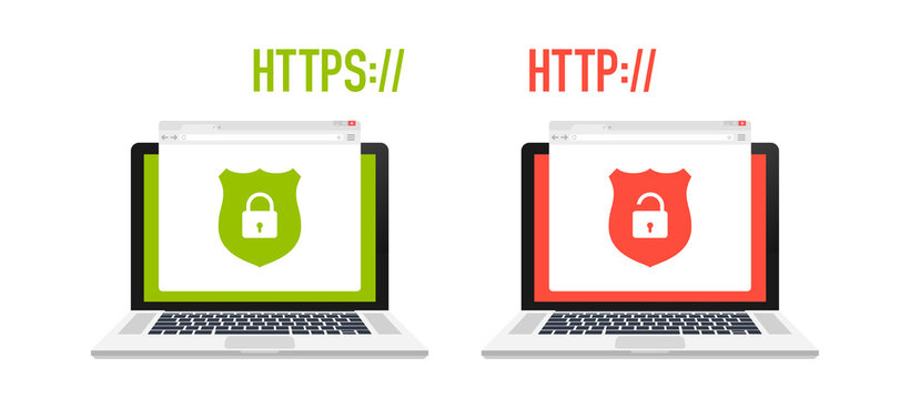 http and https protocols on shield on laptop, on white background. Vector stock illustration