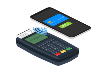 Mobile payments concept infographics presentation. Smart phone with nfc technology making wireless contactless transactions. Vector stock illustration.