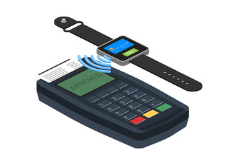 Mobile payments concept infographics presentation. Smartwatch with nfc technology making wireless contactless transactions. Vector stock illustration.