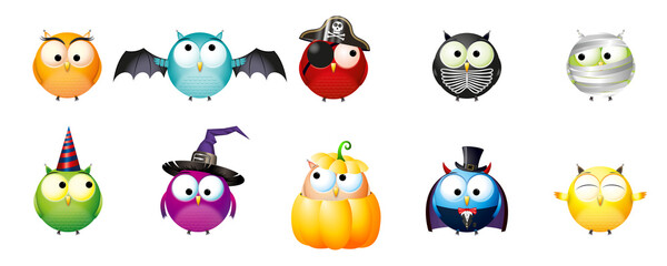 Fototapeta premium Funny cartoon owls, transparent background
