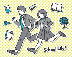 学生生活を駆け抜けるブレザー制服の学生のベクターイラスト素材／制服／高校生／中学生／塾／走る／元気