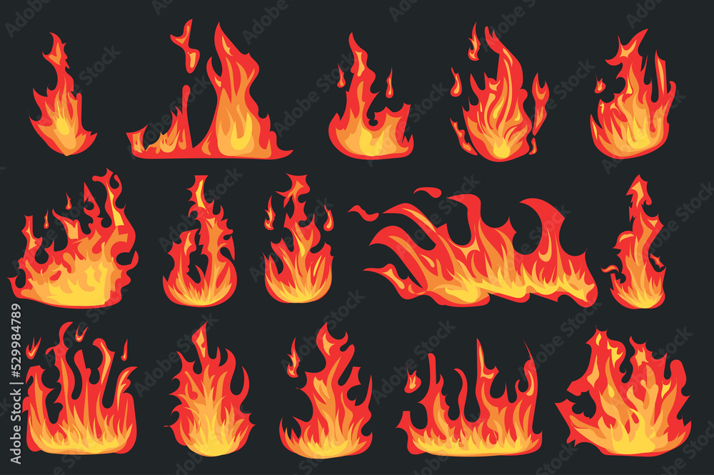 Aufkleber hot flaming fires different shapes set isolated elements. bundle of bright red and orange flame effe