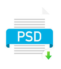 Download PSD button. Downloading document concept. File with PSD label and down arrow sign. Vector stock illustration.