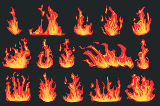 Hot flaming fires different shapes set isolated elements. Bundle of bright red and orange flame effects. Heat energy and power. Campfire and wildfire. Illustration in flat cartoon design.