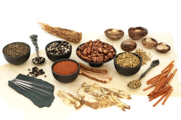 Natural Chinese alternative acupuncture therapy with needles, herbs, spice for herbal plant medicine. Holistic healing food healthcare concept.