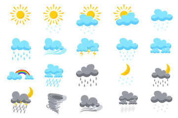 Fototapeta premium Symbols for weather forecasts set isolated elements. Bundle of clear sun, cloudy sky, snowfall, windy, thunderstorm, rain, rainbow, drizzle and others. Illustration in flat cartoon design.