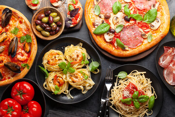 Italian cuisine. Pizza, pasta and toasts