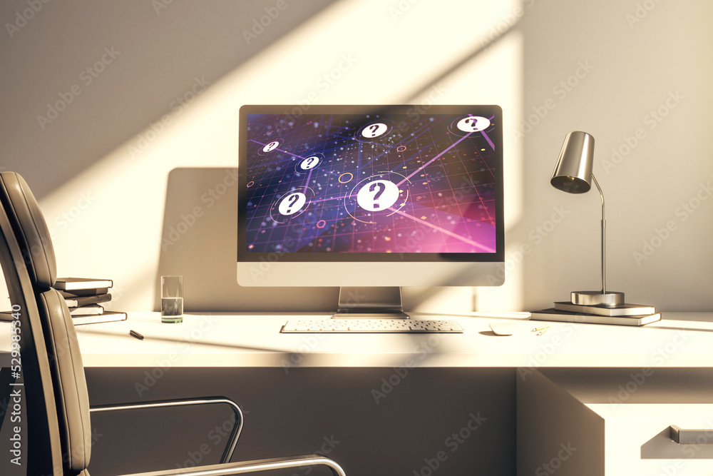 Aufkleber modern computer monitor with question mark hologram. sociology and psychology concept. 3d rendering