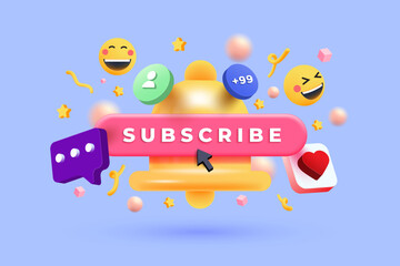 3D Subscribe bell notification with confetti. Congratulations on new social media followers. New subscriber in social network. Cartoon creative design icon isolated on purple background. 3D Vector ill
