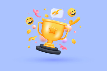 3D Trophy cup with floating chat box, emoji, ribbon and geometric shapes on purple background. Celebration, winner, champion and reward concept. 3d vector illustration - 529985348