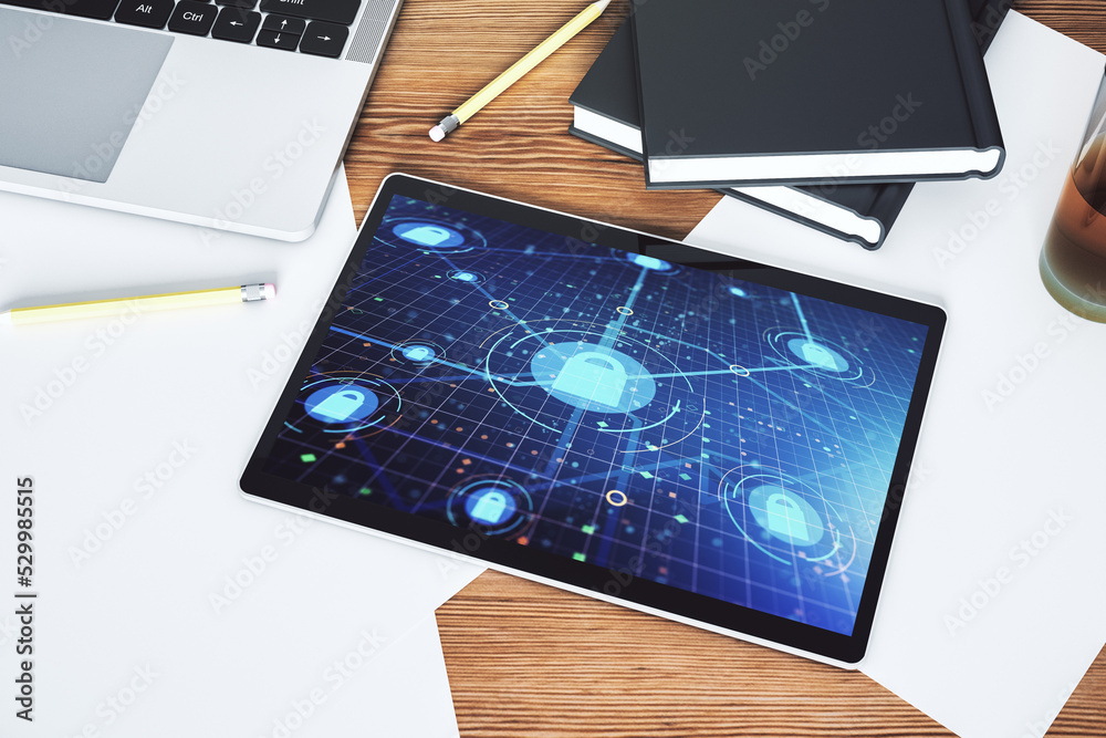 Poster Creative idea concept with lock symbol and microcircuit illustration on modern digital tablet screen. Protection and firewall concept. Top view. 3D Rendering
