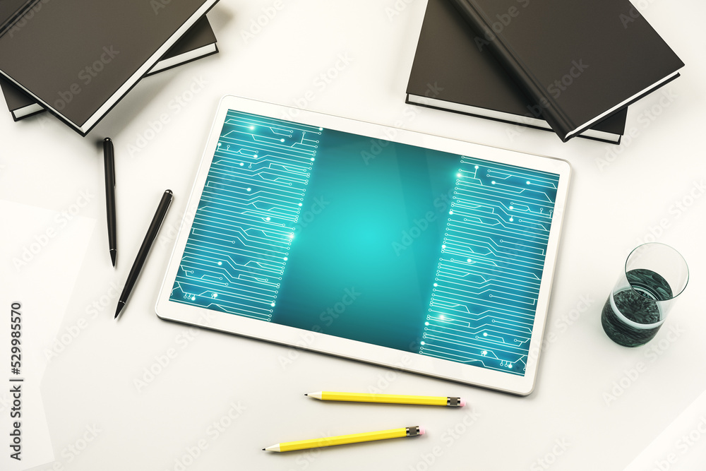 Poster Top view of modern digital tablet monitor with circuit hologram. Research and development hardware concept. 3D Rendering