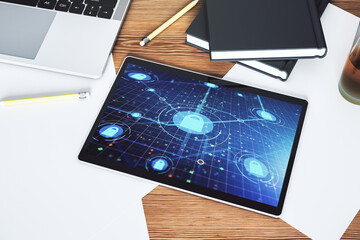 Creative idea concept with lock symbol and microcircuit illustration on modern digital tablet screen. Protection and firewall concept. Top view. 3D Rendering