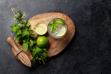 Mojito cocktail ingredients and drinks utensils