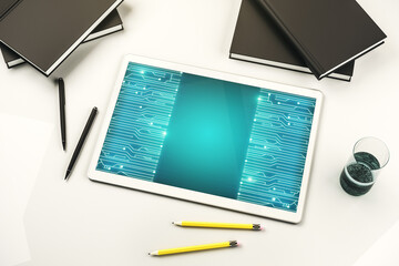 Top view of modern digital tablet monitor with circuit hologram. Research and development hardware concept. 3D Rendering