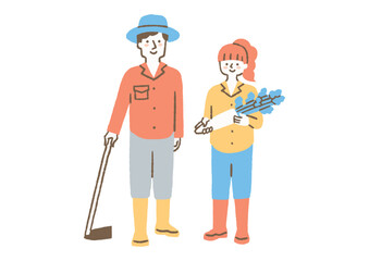 鍬を持った男性と大根を持った女性_色