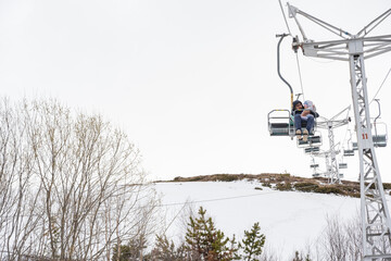 Cable car against the backdrop of the snow-capped Caucasus mountains, glacier seven