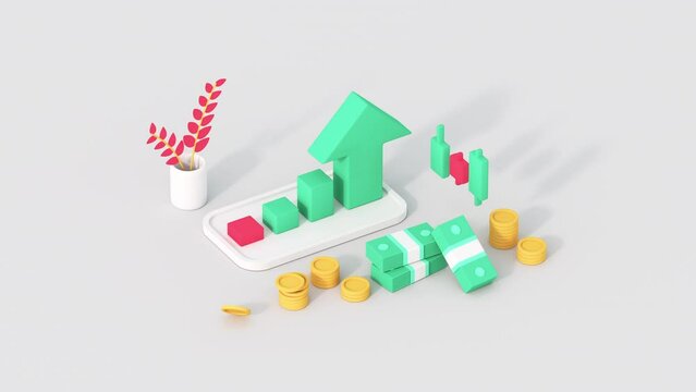 Uptrend chart and cash isometric view. Financial success concept. Minimal cartoon style 3D render animation