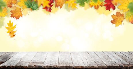 Naklejka na ściany i meble Wooden table and autumn bokeh background